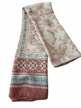 Patterned Oblong Scarf in Dusty Rose, Cream & Blue